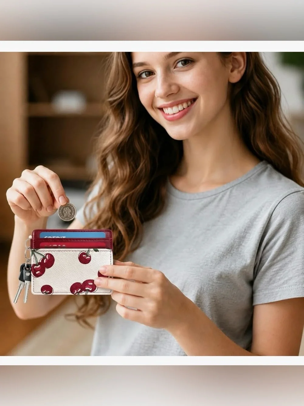 Slim Credit Card Case for Women with Cute Fruit Prints & ID Window (CHERRY)